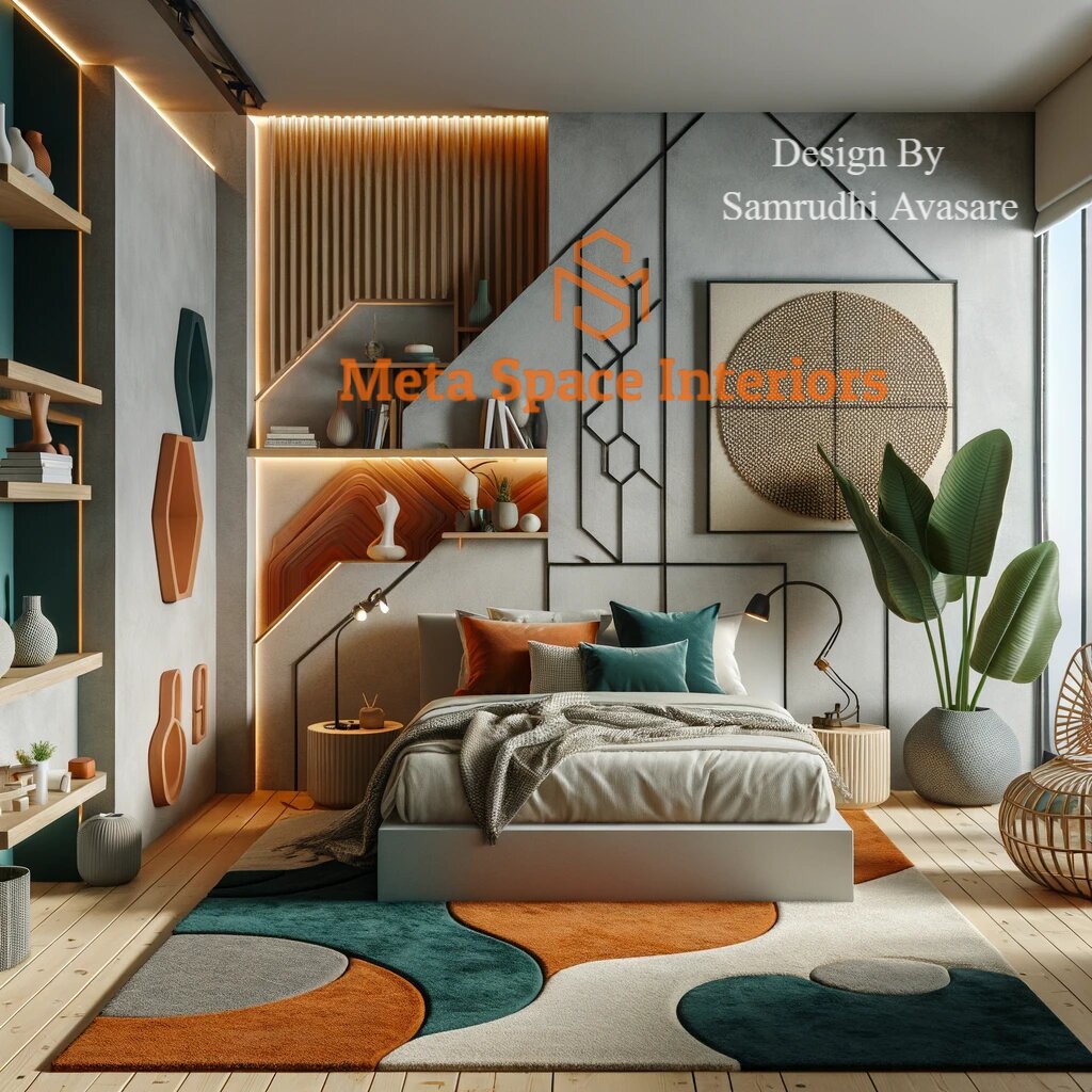 Modern Bedroom Design, Space-Saving Bedroom Ideas Contemporary Interior Design, Luxurious Bedroom Interiors, Wooden Bedroom Accents Minimalist Bed Frame Decorative Plaster Walls, Chic Concrete Interiors, Urban Home Decor, Functional Bedroom Layout